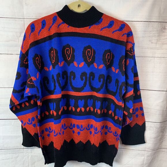 vintage blue red black lurex sweater Dolman Knit acrylic retro unisex hearts M 8 - Picture 2 of 9